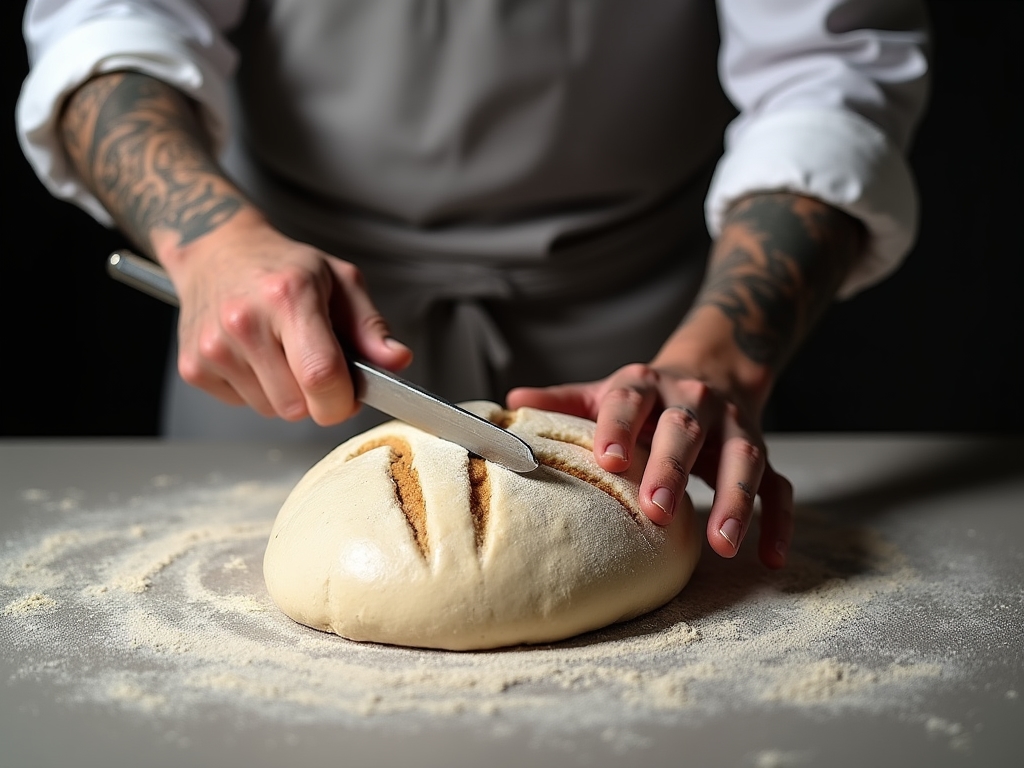 Close-up of hands scoring decorative pattern on bread dough