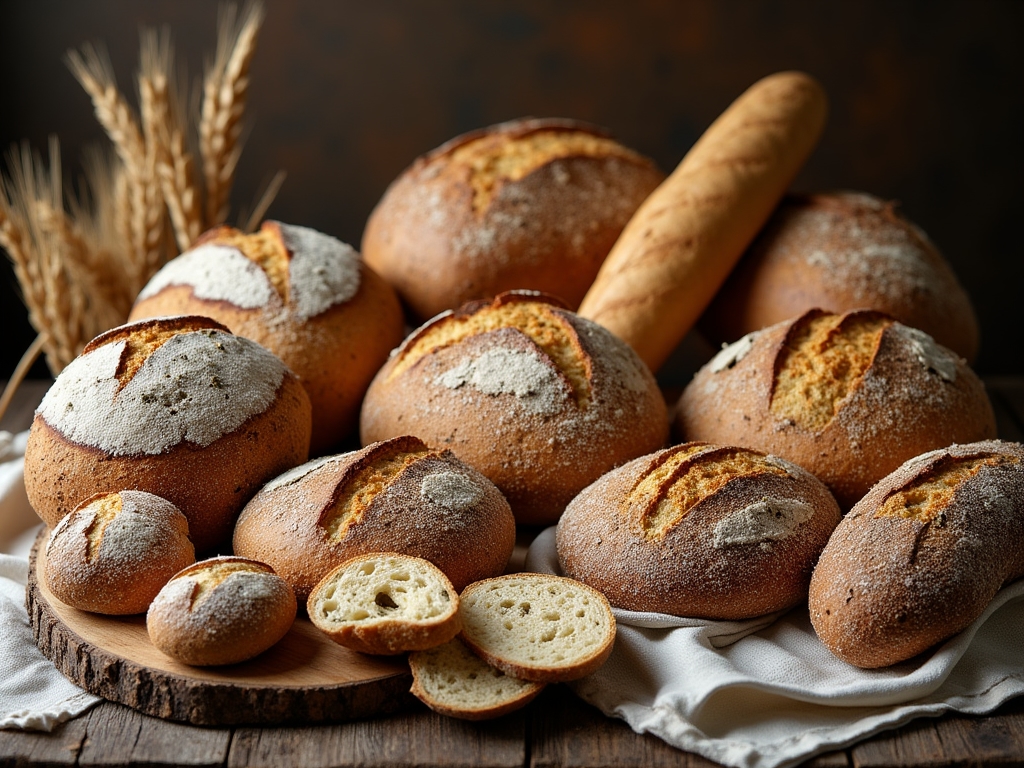 Various types of artisanal sourdough breads arranged on a wooden table