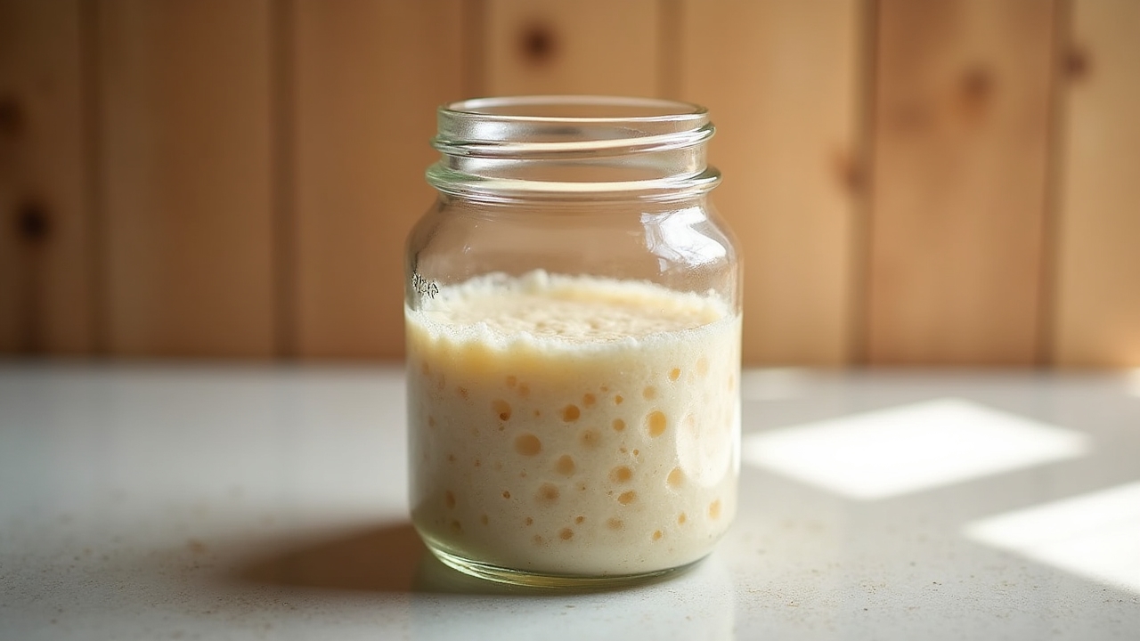 Active sourdough starter in a glass jar showing bubbles and fermentation
