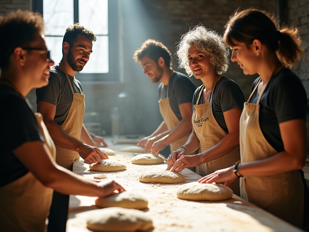 Diverse group of participants engaged in various bread making activities during an intensive workshop