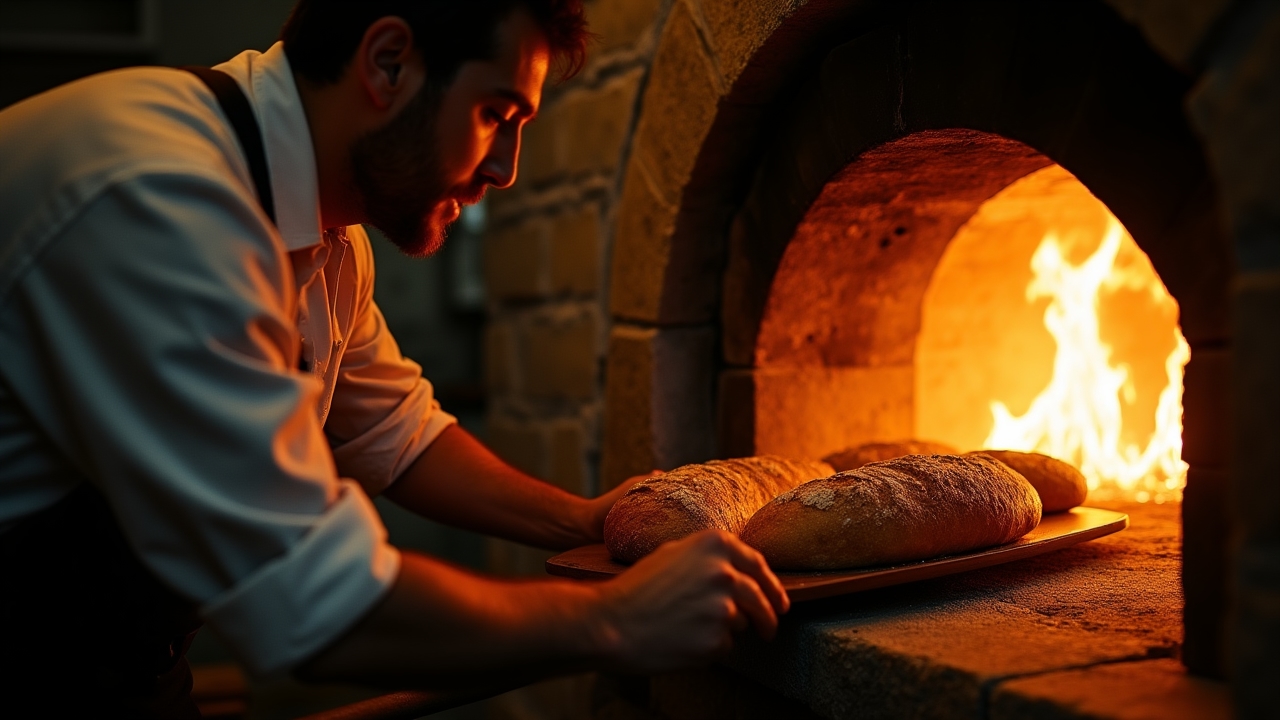 Baker sliding bread into a traditional wood-fired stone oven with flames visible