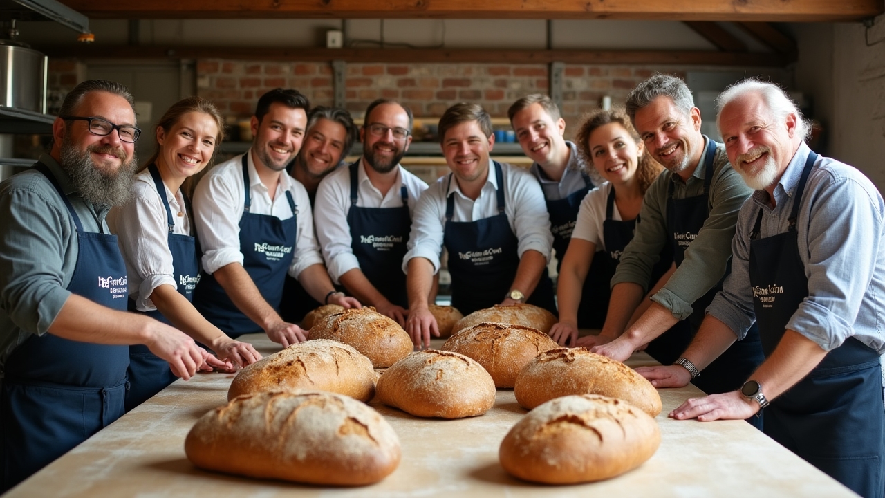 Group of workshop participants proudly displaying their finished bread creations